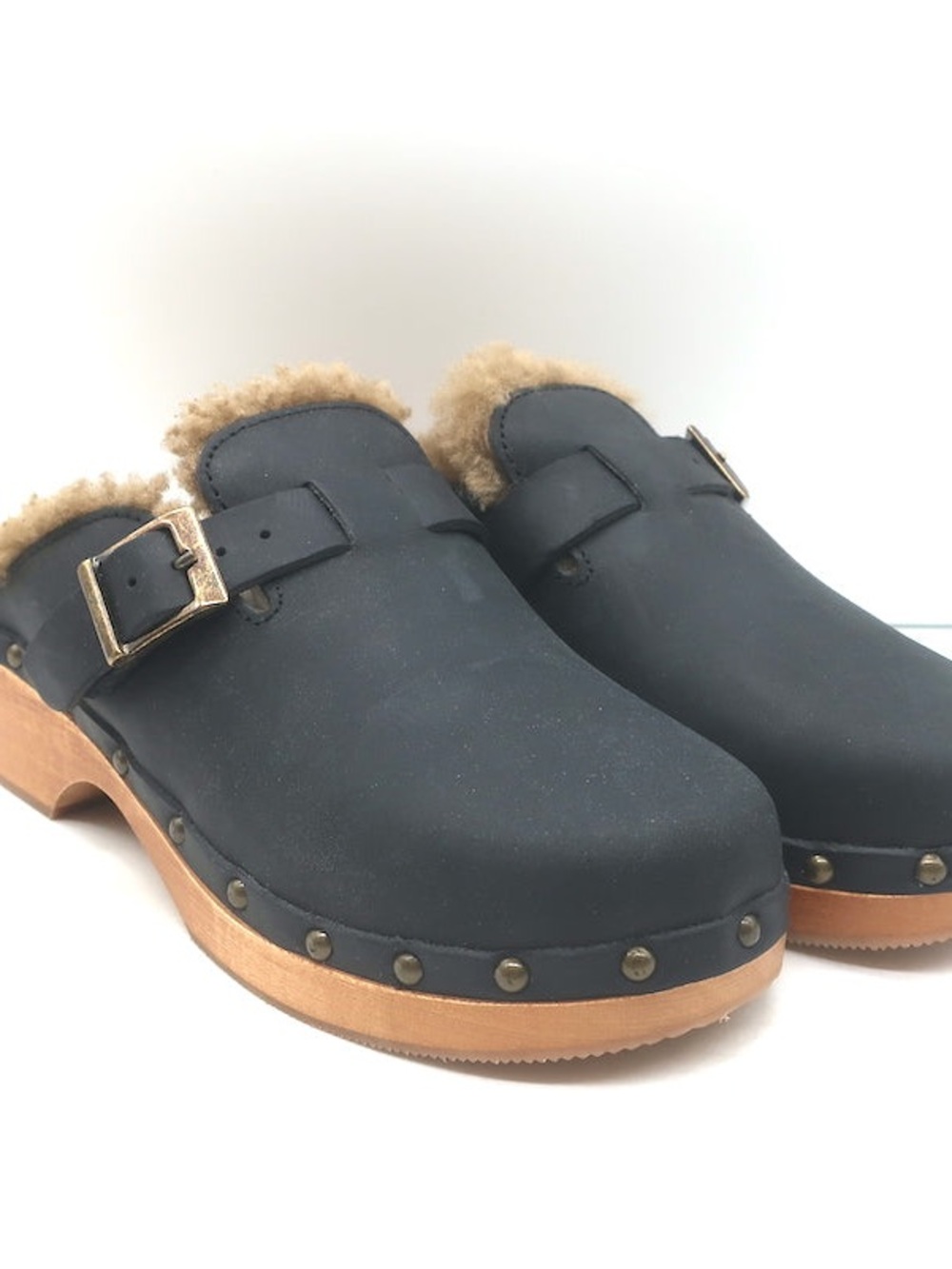 Re/Done Black Leather Shearling-Trim Clog Mules
